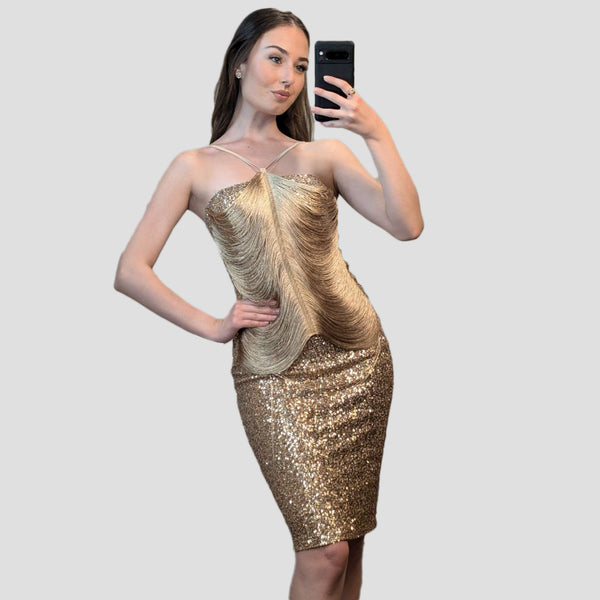 Mini Sequin Column Gold Cocktail Dress