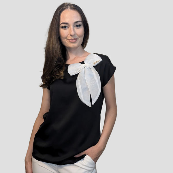 Black Short Sleeve Top with White Bow Design