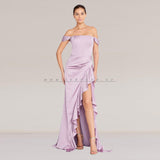 Off Shoulder Maxi Satin Column Purple Dress